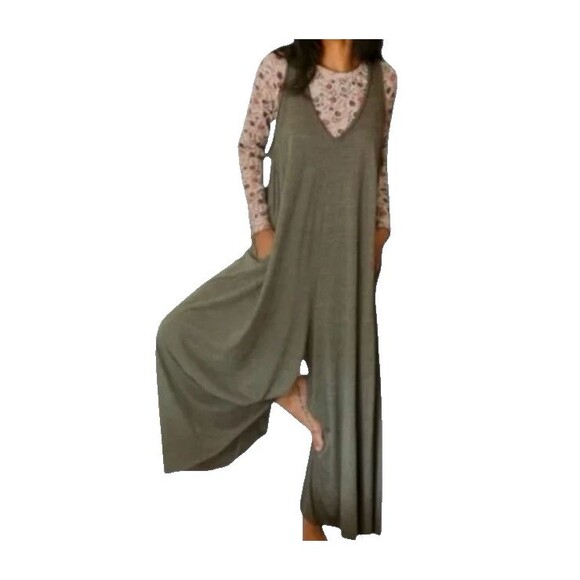 Natural Life Jumpsuit One Size Oversized Green Jersey Wide Leg V-neck Pockets - Picture 1 of 14